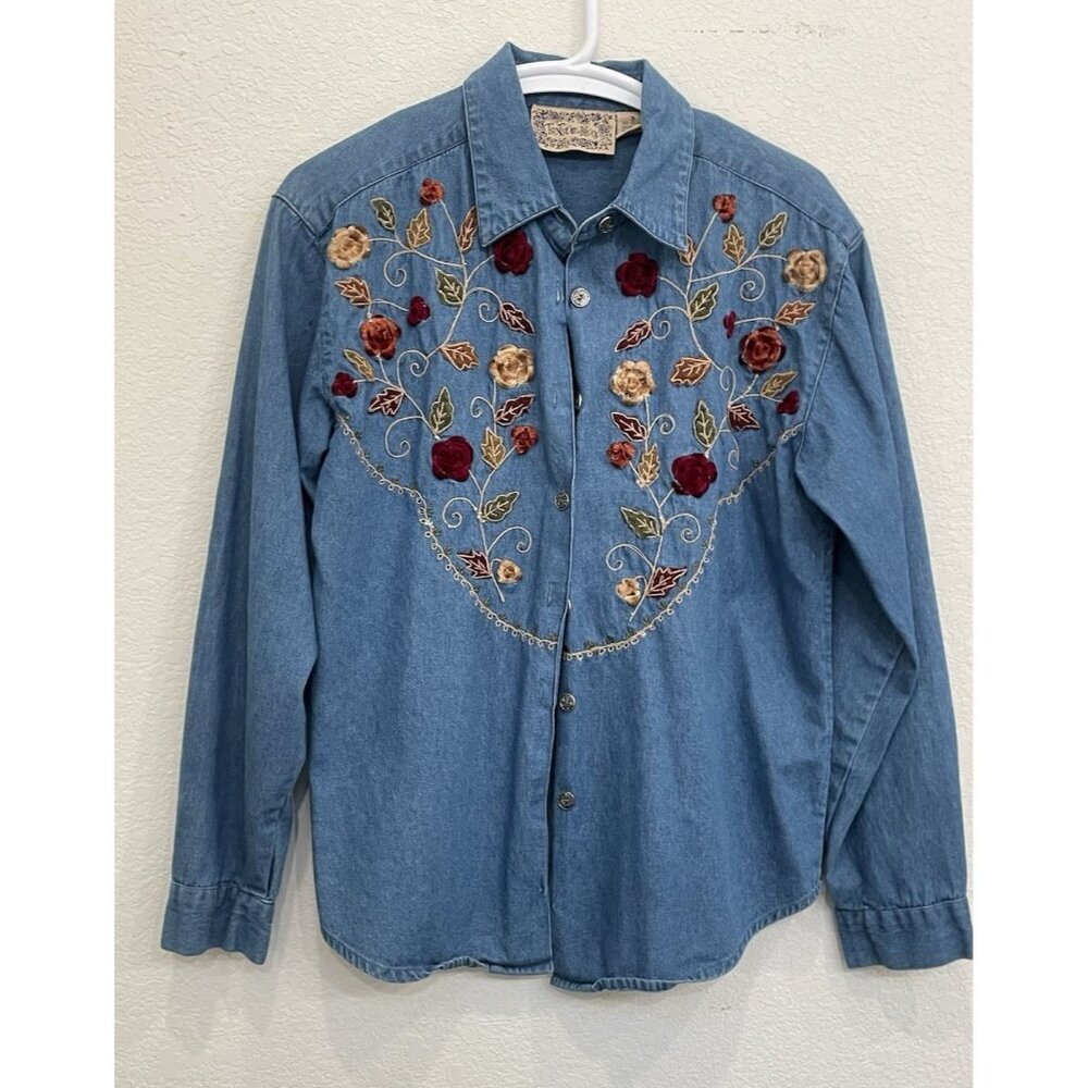 VTG tantrums Blue Long Sleeve Button Up Shirt Small Denim Fall Embroidered